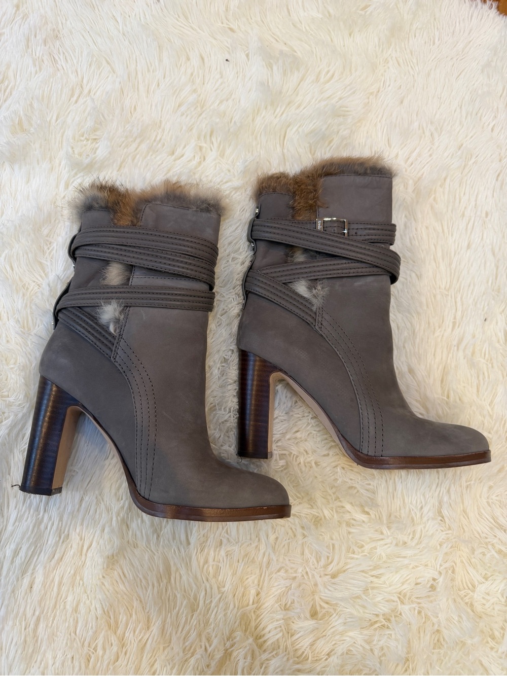 Louise et Cie Gray Suede Wrap-Strap High-Heel Ankle Boots